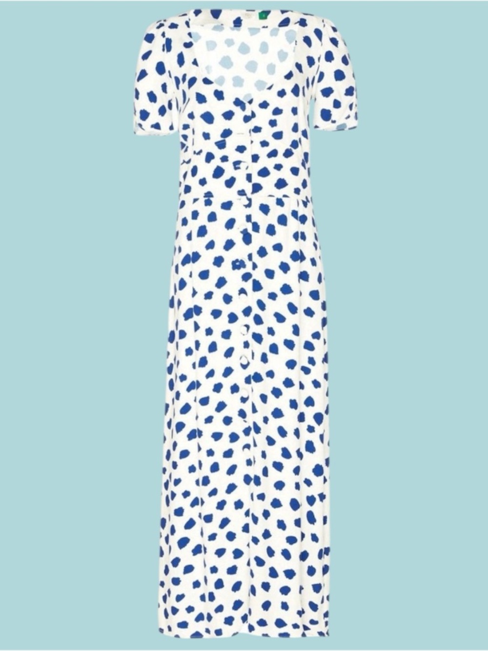 Rixo London “Miranda” Tulip Spot Midi Dress – Blue & White – Size Large